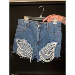 Fashion Nova Denim Shorts Medium Blue Wash Distressed Ripped‎ Women's Size L
